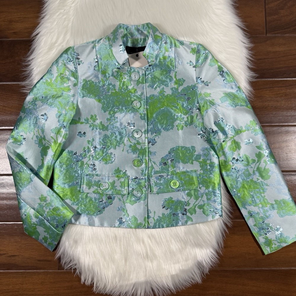 Abbey‎ Glass Women's Size XS Green Abstract Brocade Onassis Blazer Jacket